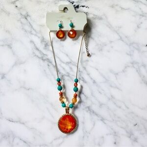 Necklace / Earrings Set Gemstone Orange Turquoise Gold Boho Glam Fashion *NEW*